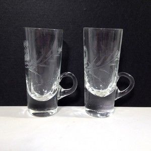 (2) Vintage Crystal Cut Etched Cordial Liqueur Glass Shot Glasses w/ Handles